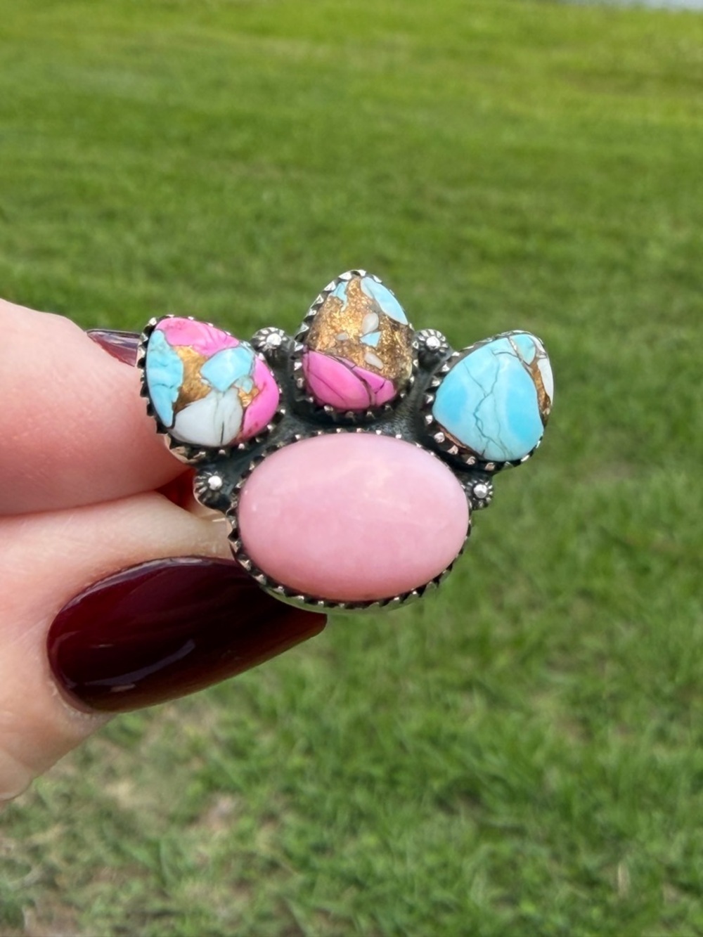 925 Sterling Silver Pink Opal & Cotton Candy Statement Ring